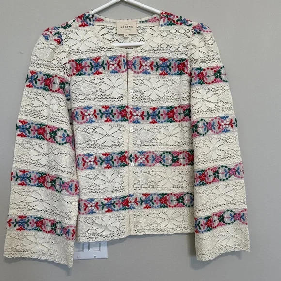 Sezane Matika Cream Crochet Cardigan with Multicolor Floral Bands - Picture 1 of 4